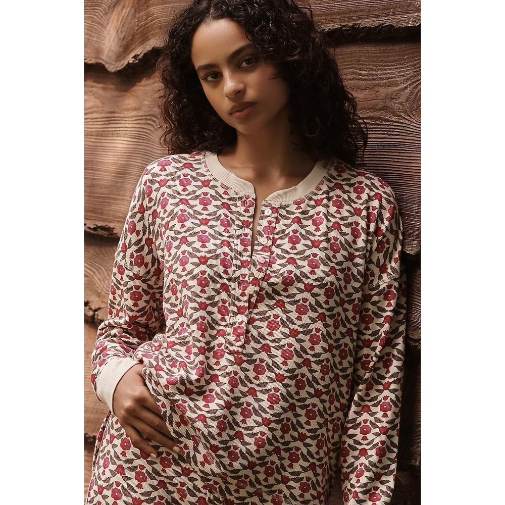 By Anthropologie Long-Sleeve Waffle Knit Pyjama Tunic Top Floral Print Small